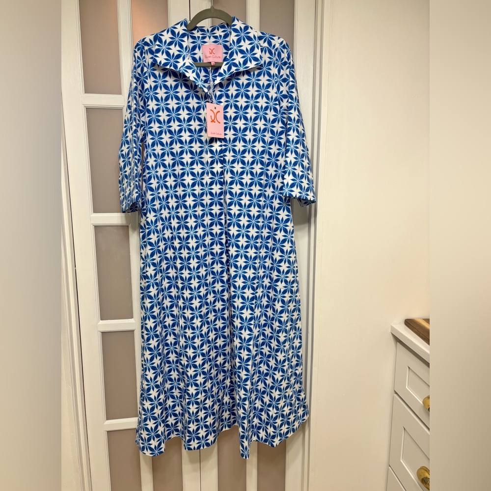 Quiet Culture Blue and White Geometric Pattern Dress